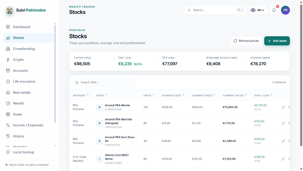 Stocks screen with demo-profile assets